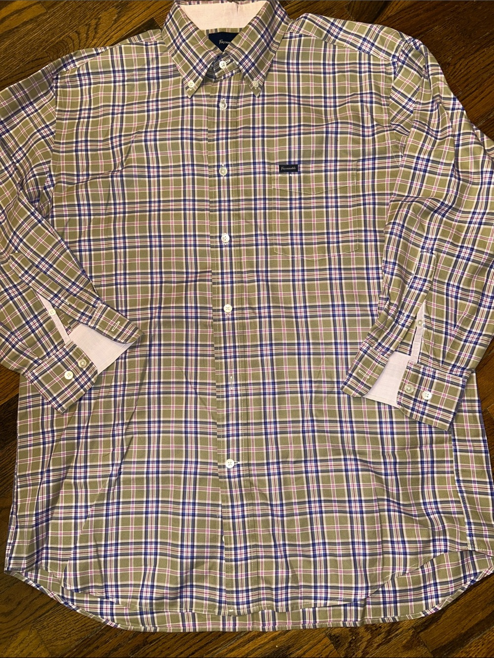 Faconnable Women’s Olive, Navy & pink Plaid Button-Down Shirt 3/4 length sleeves